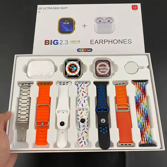 i20 Ultra Max Smart Watch + AirPods + 7 Straps (10 in 1 Set) Combo Pack | 30% OFF for Today Only
